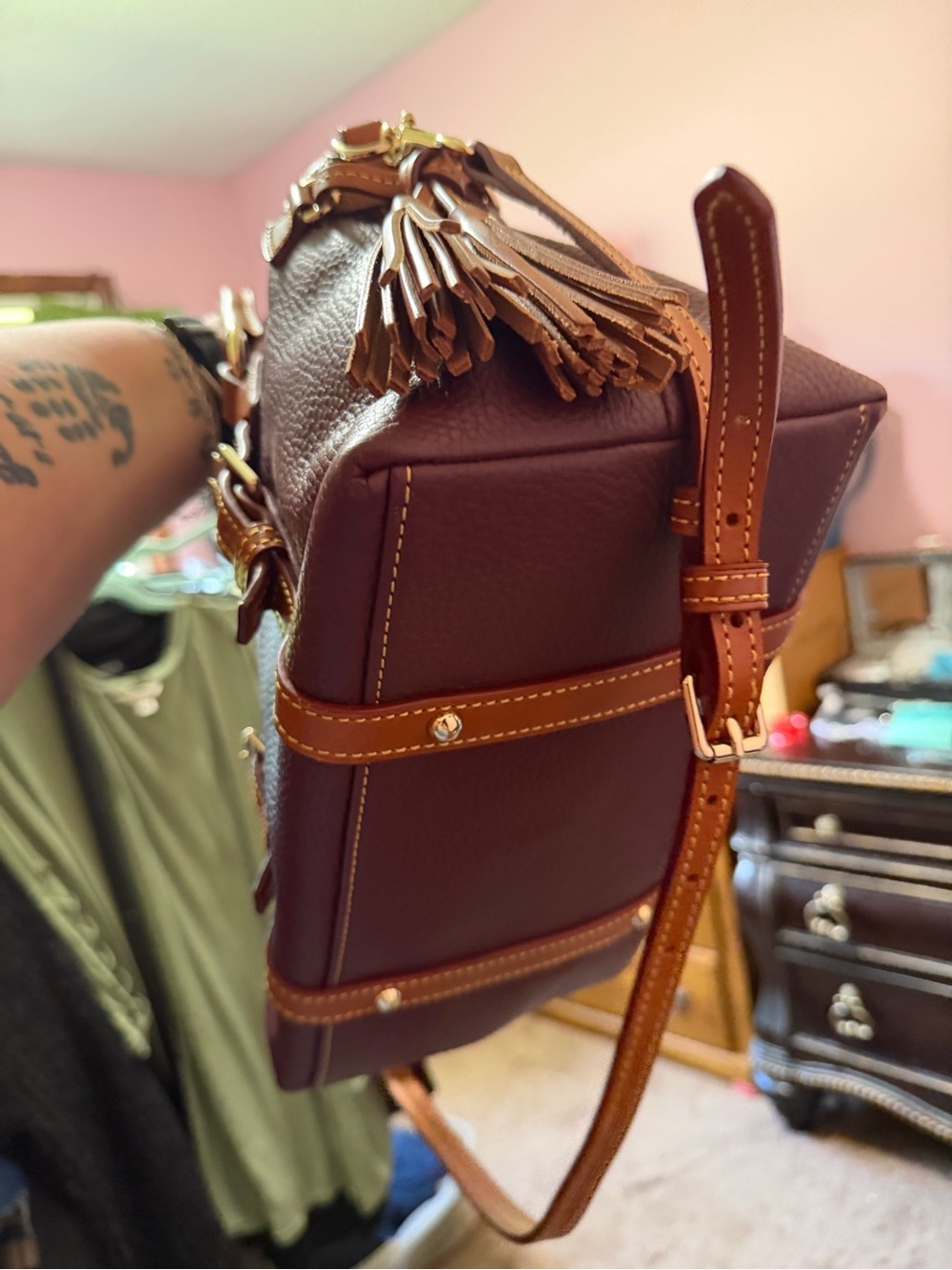 Dooney & Bourke Burgundy/Plum Bristol Satchel with Brown Trim and Gold Hardware - Picture 5 of 6